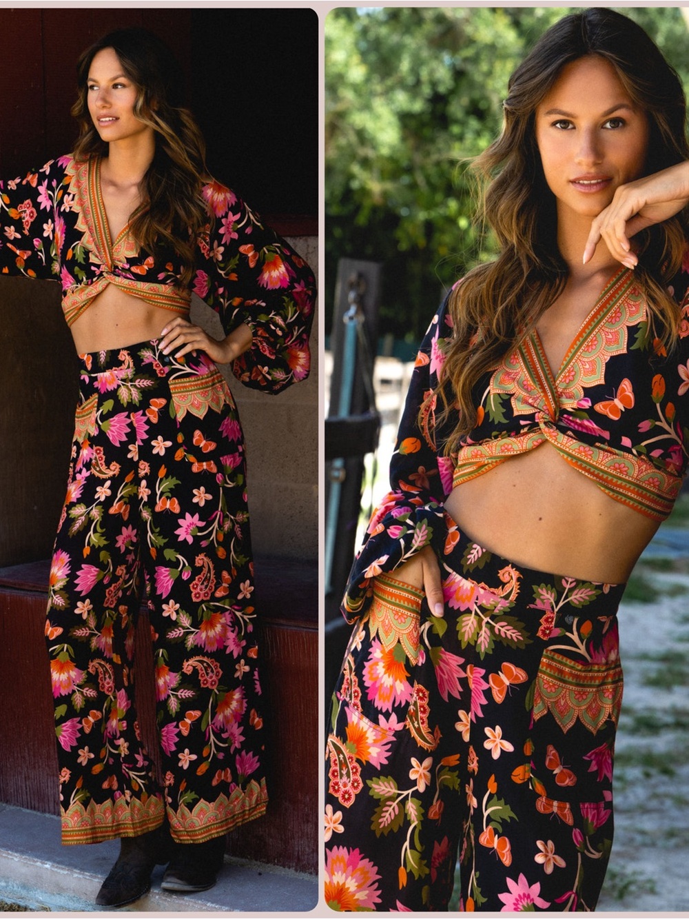 Z&L Europe Raya Viscose Floral Wide-Leg Pants & Crop Long Sleeve Top SET NWT